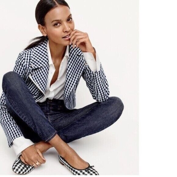 J. Crew Jackets & Blazers - J. Crew Women’s Jacket Size 4 Blue/White Gingham Plaid Motorcycle Moto E9918